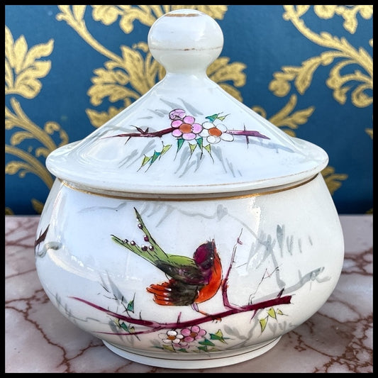 Vintage 1960’s Japanese Porcelain Hand-Painted Floral/Bird Motifs Lidded Vanity Jar