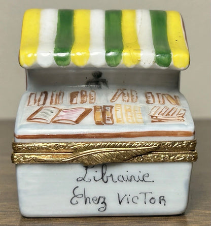Vintage 1990’s French Limoges Hand-Painted Limited Edition Librairie Chez Victor Bookstore Trinket Box