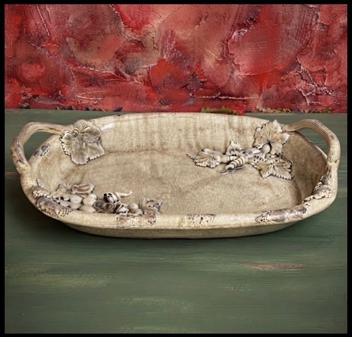 Vintage 1990’s Italian Wild Olive Co. Art Pottery Ceramic Antiqued Finish High-Relief Molded Grape Cluster Motifs Handled Oval Tray