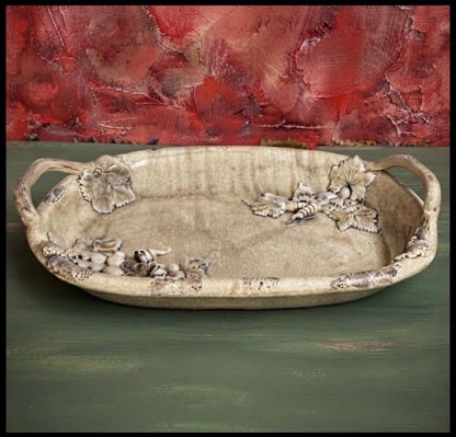 Vintage 1990’s Italian Wild Olive Co. Art Pottery Ceramic Antiqued Finish High-Relief Molded Grape Cluster Motifs Handled Oval Tray