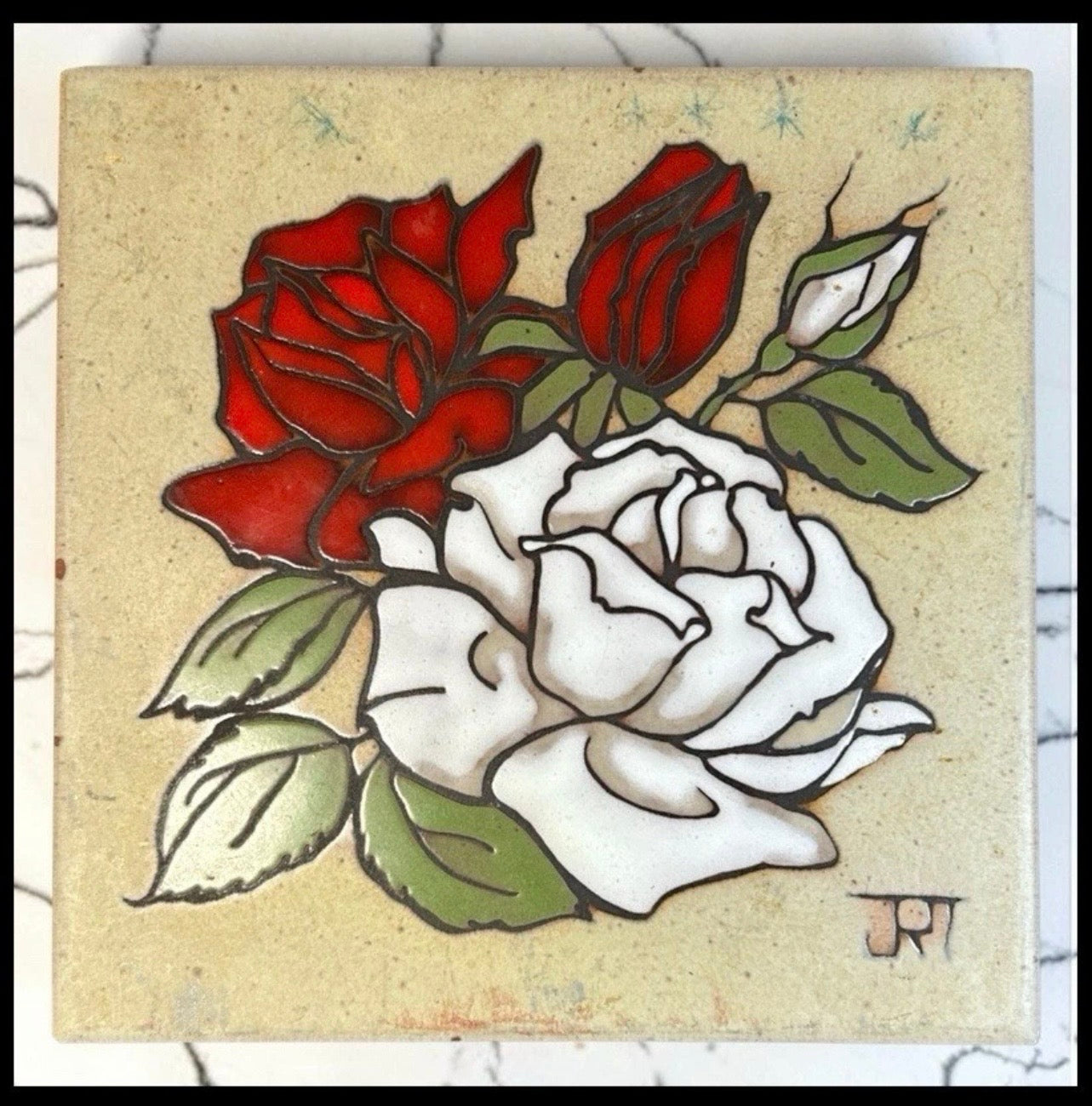 Vintage 1980’s American Teissedre Designs Ceramic Red/White Roses Art Tile by Jack R. Teissedre (Arizona)