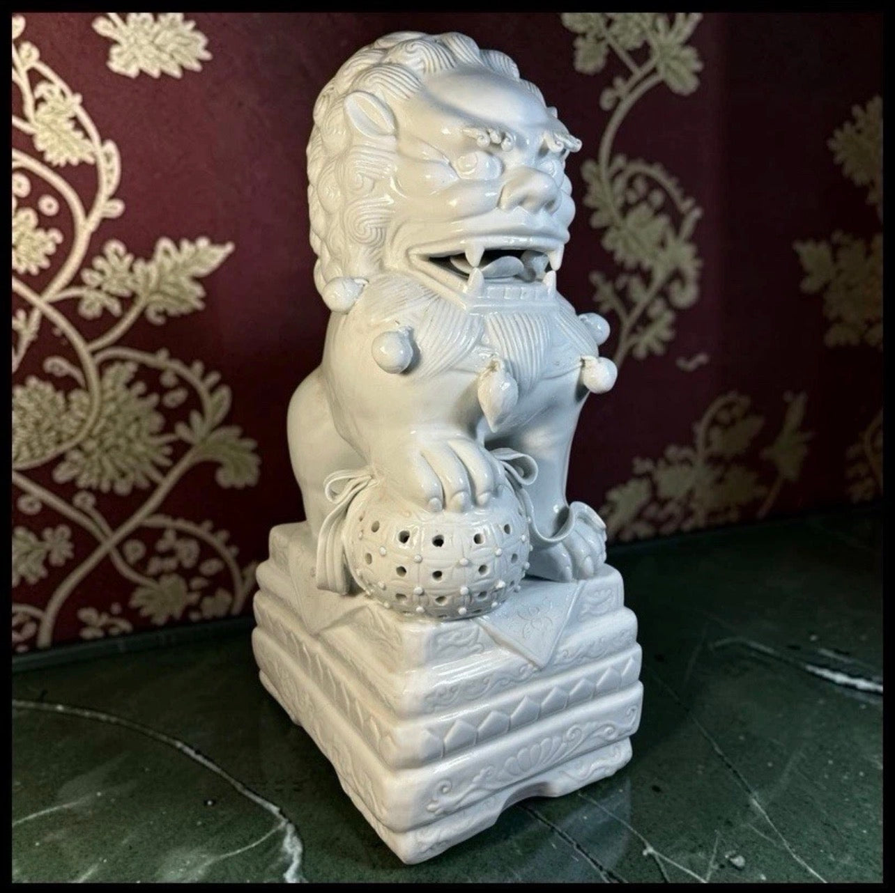 Vintage 1980’s Chinese Dehua Blanc de Chine Porcelain Male Foo Dog Guardian Lion Statue