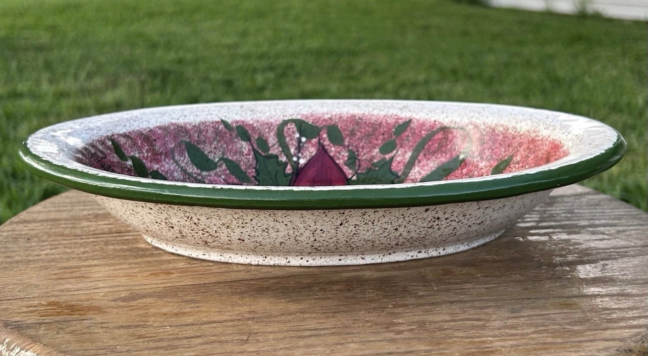 Vintage Late 1970’s American Mid Century Modern Mary Lynn Avery Art Pottery Ceramic Christmas Poinsettia Flower Motif Oval Shallow Bowl