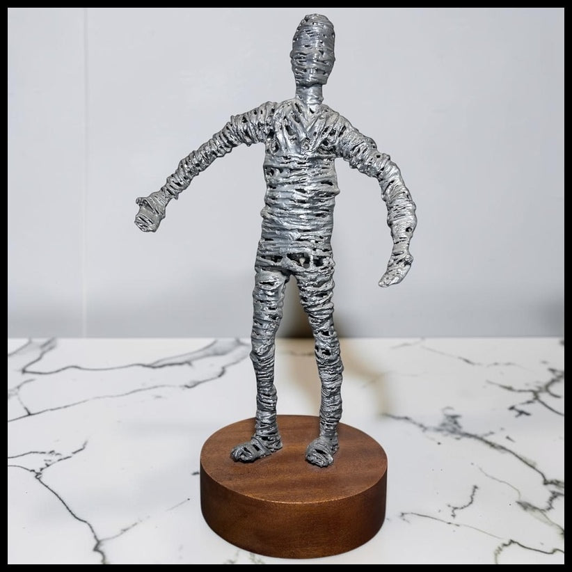 Vintage Contemporary Silver Painted Wire Male Figure Sculpture on Wooden Plinth Base by Ina Kruger (20th Century) (Louisiana)