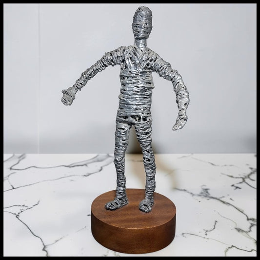 Vintage Contemporary Silver Painted Wire Male Figure Sculpture on Wooden Plinth Base by Ina Kruger (20th Century) (Louisiana)