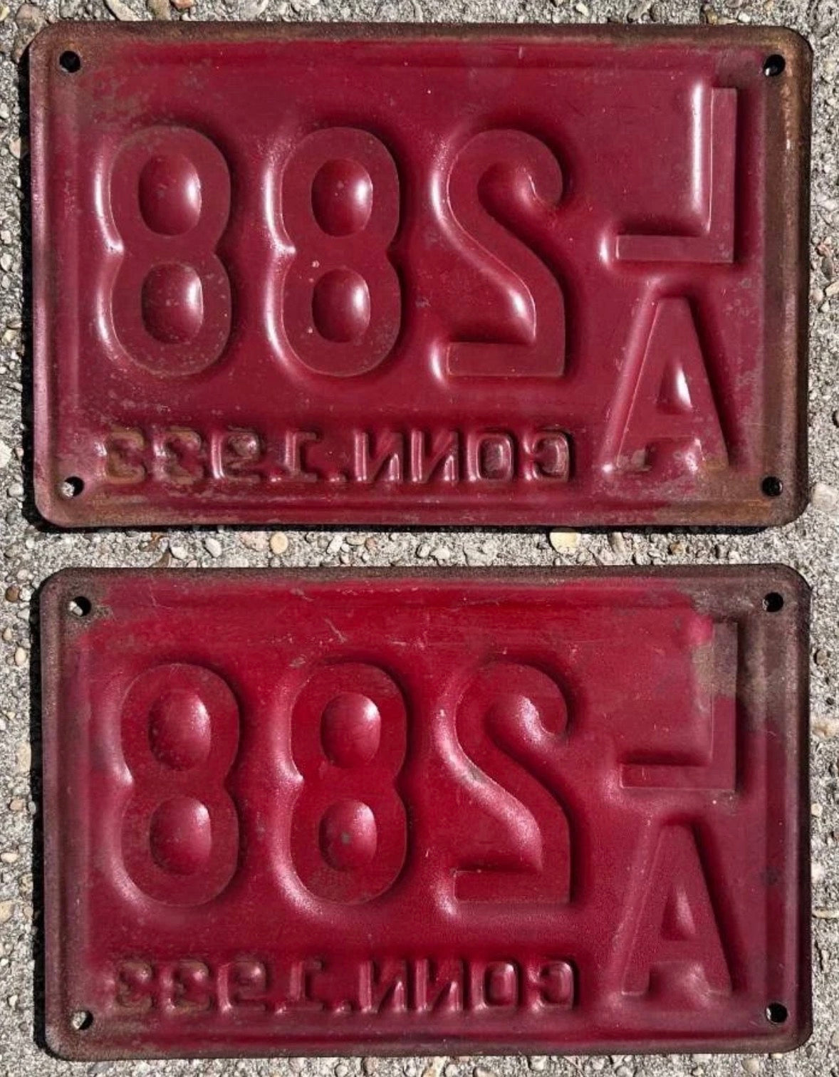 Pair of 1933 Connecticut Red Metal License Plates