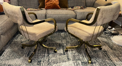 Set of 2 Vintage 1980’s American Hollywood Regency Chromcraft Brass Style Metal/Beige Upholstered Rolling Accent Armchairs