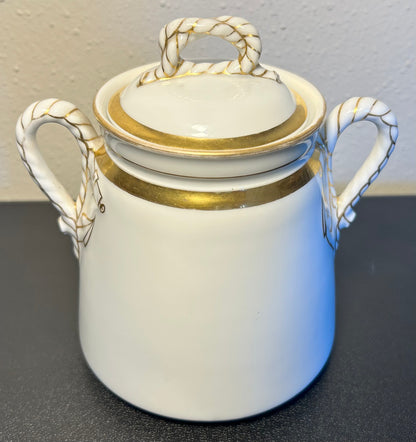 Late 19th Century French Rococo Revival Haviland Limoges Porcelain Rope and Anchor Pattern Lidded Sugar Bowl