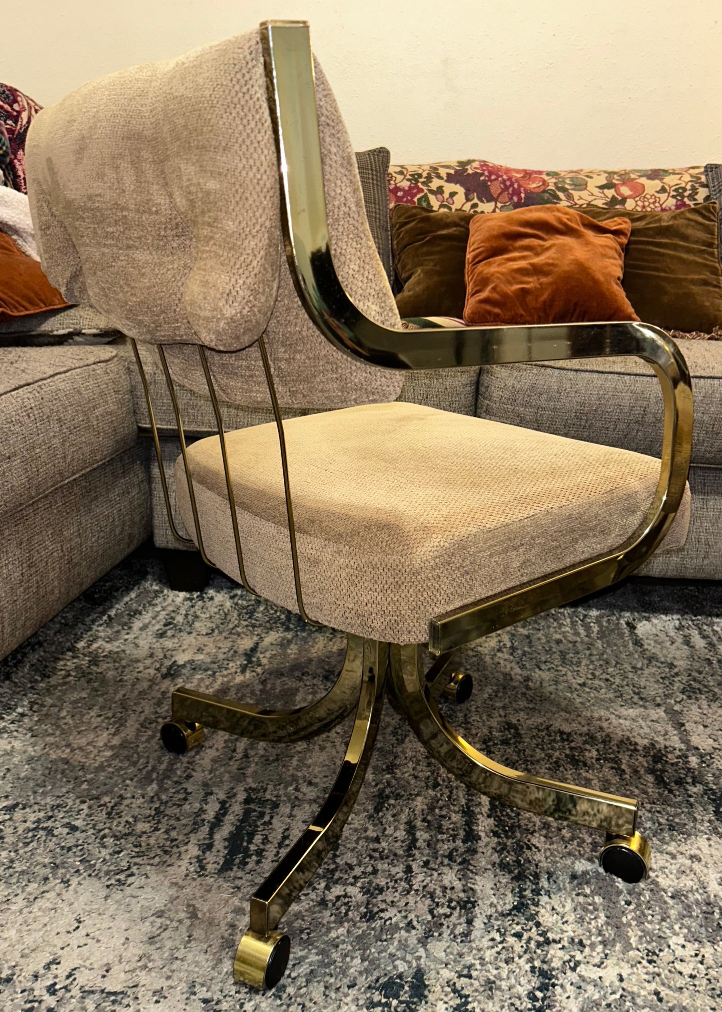 Set of 2 Vintage 1980’s American Hollywood Regency Chromcraft Brass Style Metal/Beige Upholstered Rolling Accent Armchairs