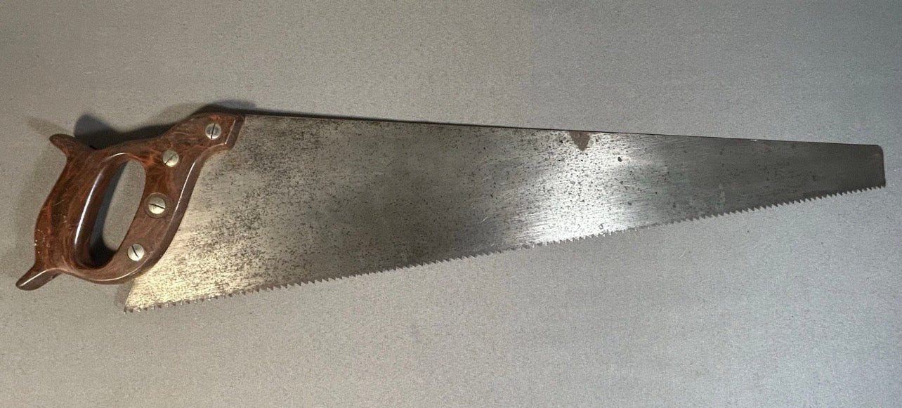 Vintage 1946-1954 American Henry Disston & Sons 26-Inch Steel Metal Blade/Disstonite Thermoplastic Marbleized Brown Body/Orange Shield Handle D-95 Masterpiece Model Handsaw