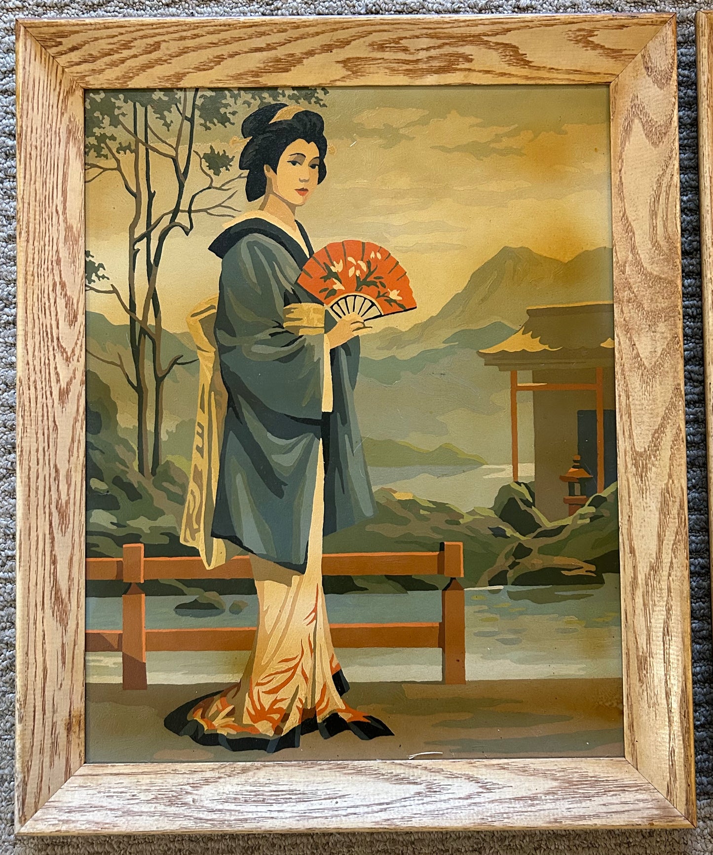 Pair of Vintage 1965 Craft Master Paint By Number Japanese Geisha Framed Oil Paintings