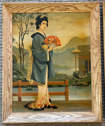 Pair of Vintage 1965 Craft Master Paint By Number Japanese Geisha Framed Oil Paintings