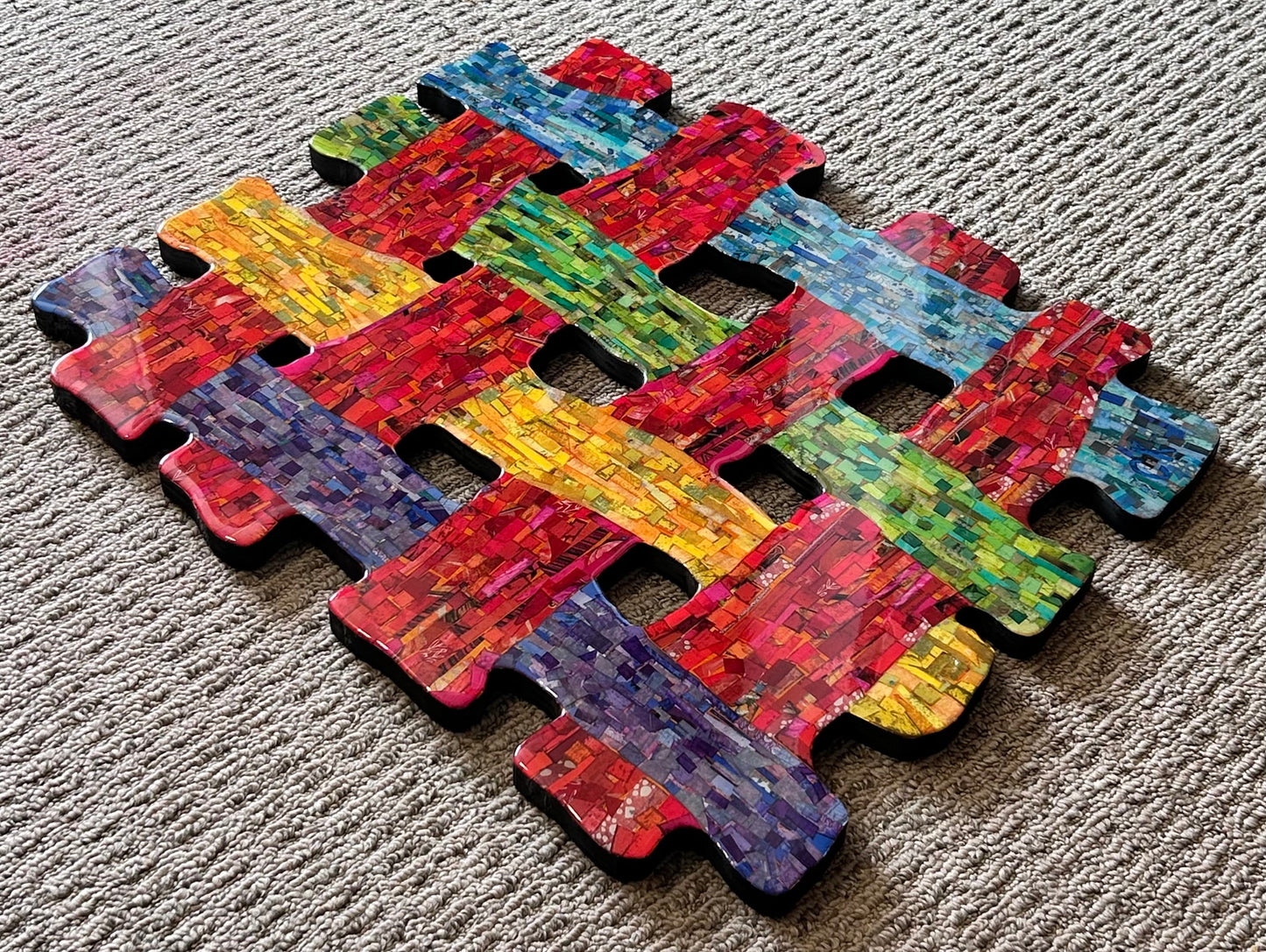 Cynthia Kolls Contemporary Style Resin/Magazine Paper Clippings on Wood Mixed Media Woven Crosshatch Symbol Wall-Hanging Art (21st Century) (Louisiana)