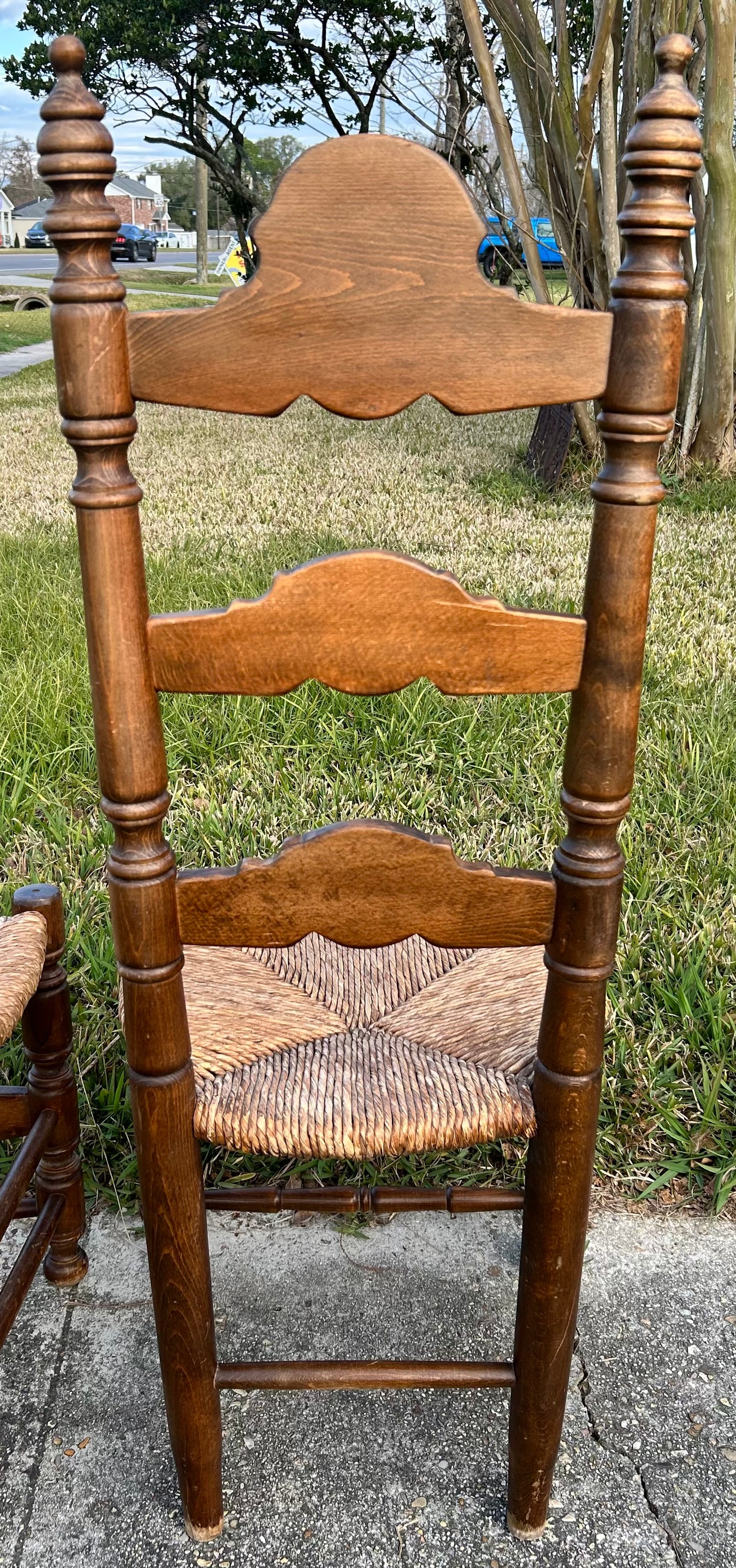 Pair of Vintage Mid 20th Century Spanish Country Style Carved Maple Wood/Upholstered Rush Seat High Ladderback Dining Chairs