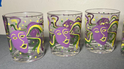 Set of 5 Vintage 1960’s American Cera Mid Century Modern Mardi Gras Mask Motif Plastic Lowball Glasses