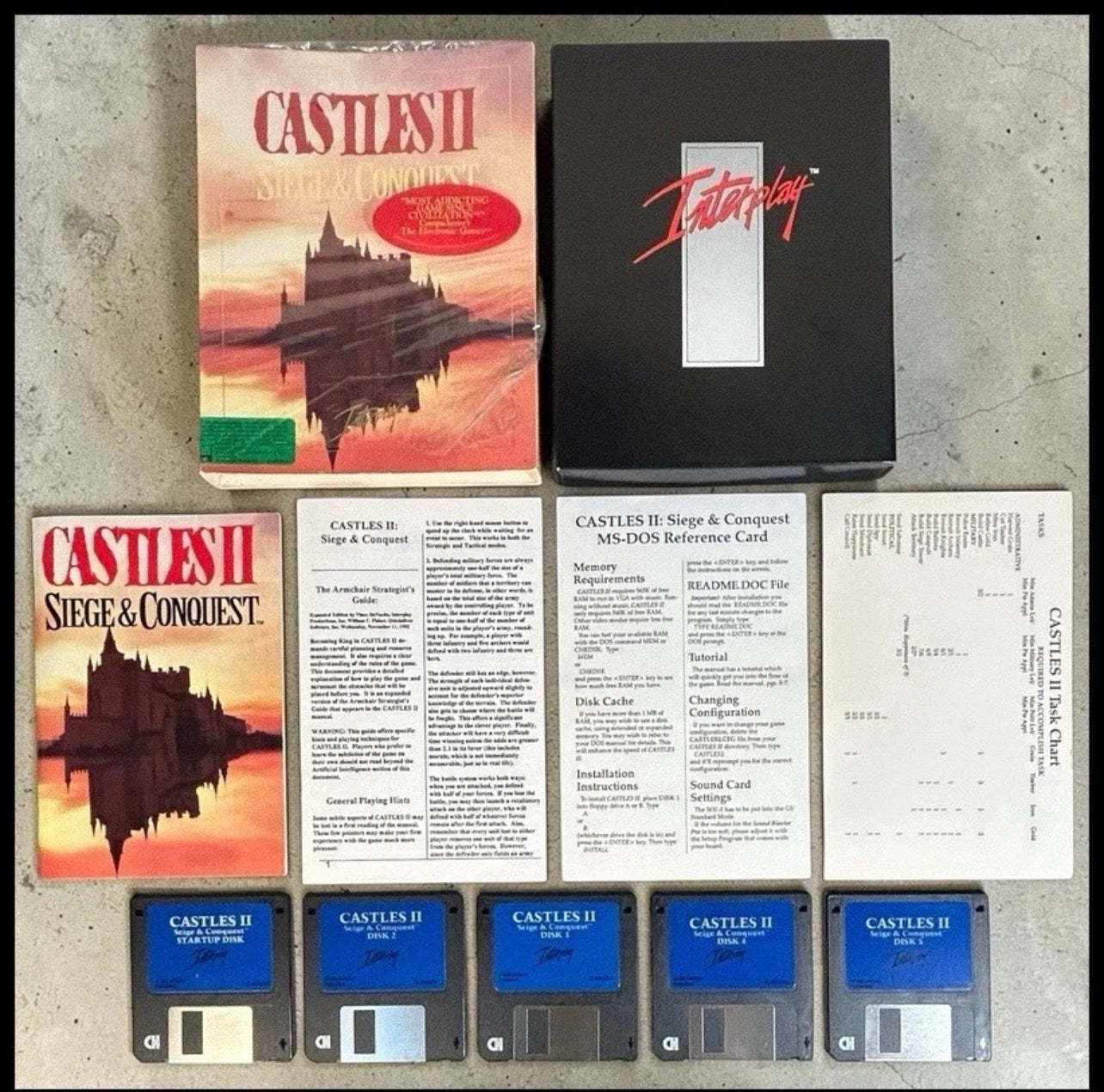 Vintage 1992 Castles II: Siege & Conquest PC Game Complete in Box with 5 Floppy Disks, Instruction Manual, Task Chart, MS-DOS Reference Card, and InterPlay Guide