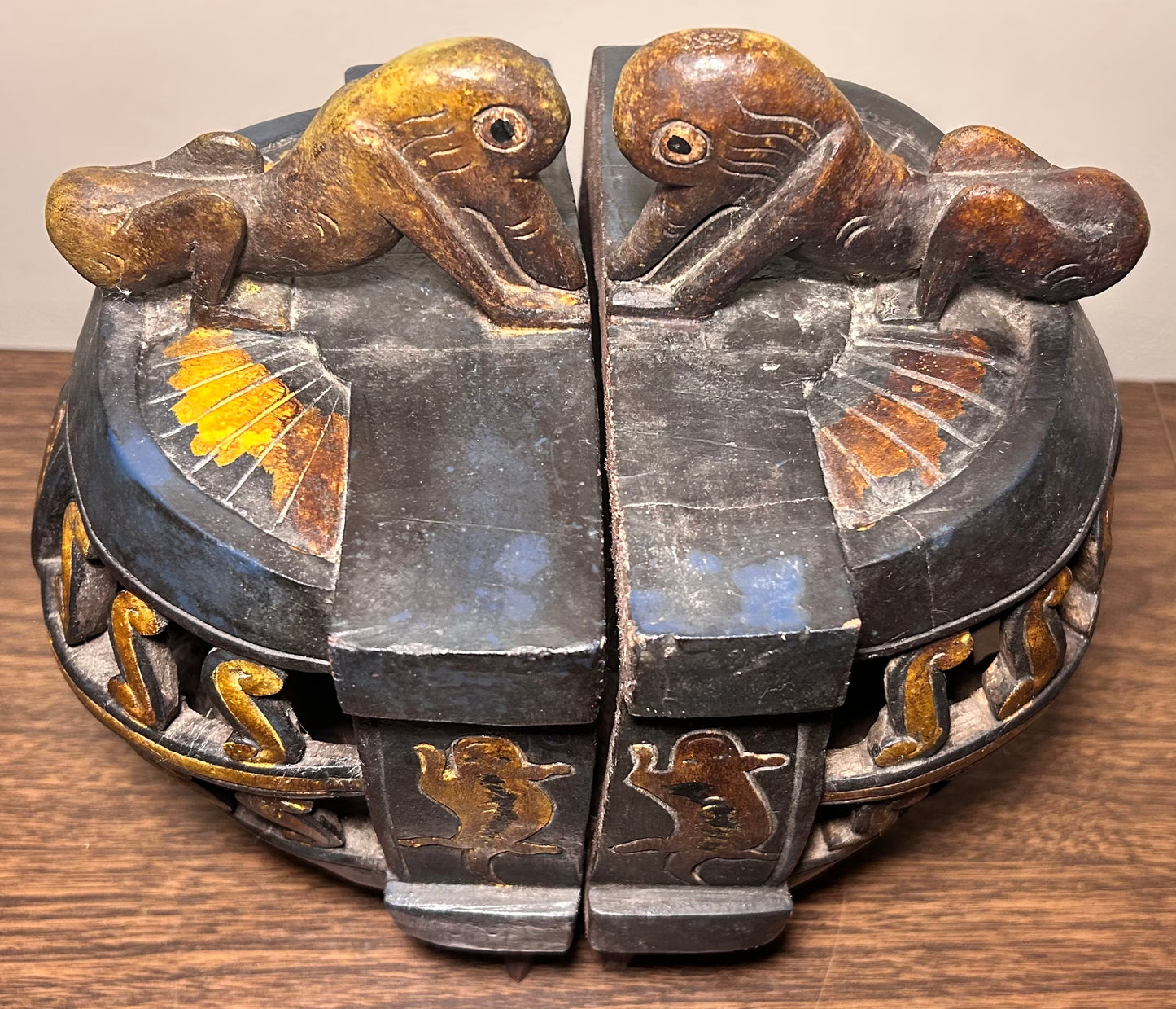 Vintage Mid 20th Century West African Baule-Attributed Carved Hardwood Zoomorphic Figures/Crocodile Motifs Ritual Container from Côte d’Ivoire