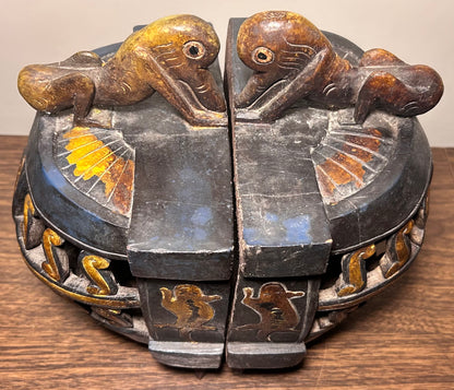 Vintage Mid 20th Century West African Baule-Attributed Carved Hardwood Zoomorphic Figures/Crocodile Motifs Ritual Container from Côte d’Ivoire