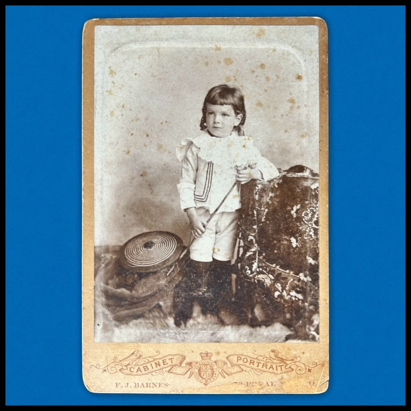 Late 19th Century American Victorian Young Boy Portrait Sepia Cabinet Card Photograph by F.J. Barnes