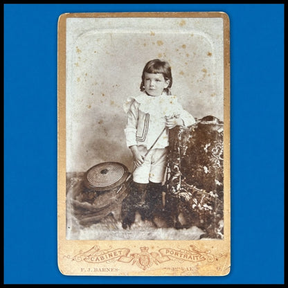 Late 19th Century American Victorian Young Boy Portrait Sepia Cabinet Card Photograph by F.J. Barnes
