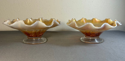 Pair of Circa 1915-1925 American Fenton Marigold/Opalescent Carnival Glass Lustre Rose Pattern Footed Compotes