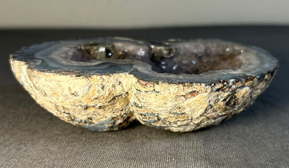 Natural Amethyst Quartz Crystal/Gray & White Chalcedony Agate Twin-Pocket Geode Specimen