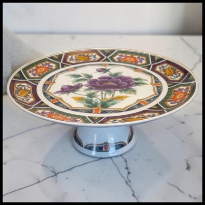 Vintage 1970's Georges Briard Amethyst Kutani Japanese Porcelain Purple Chrysanthemum Floral Motif Pedestal Cake Stand
