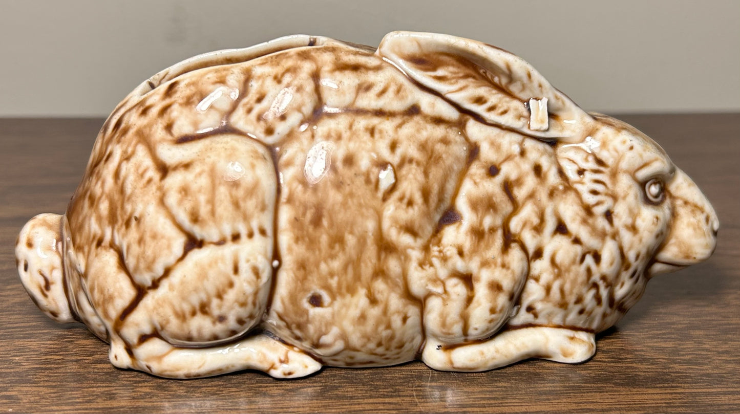 Late 19th Century English Victorian Staffordshire Mottled Brown Glazed Porcelain Rabbit Laying Down Figural Bank