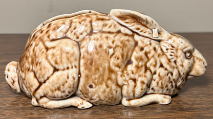 Late 19th Century English Victorian Staffordshire Mottled Brown Glazed Porcelain Rabbit Laying Down Figural Bank