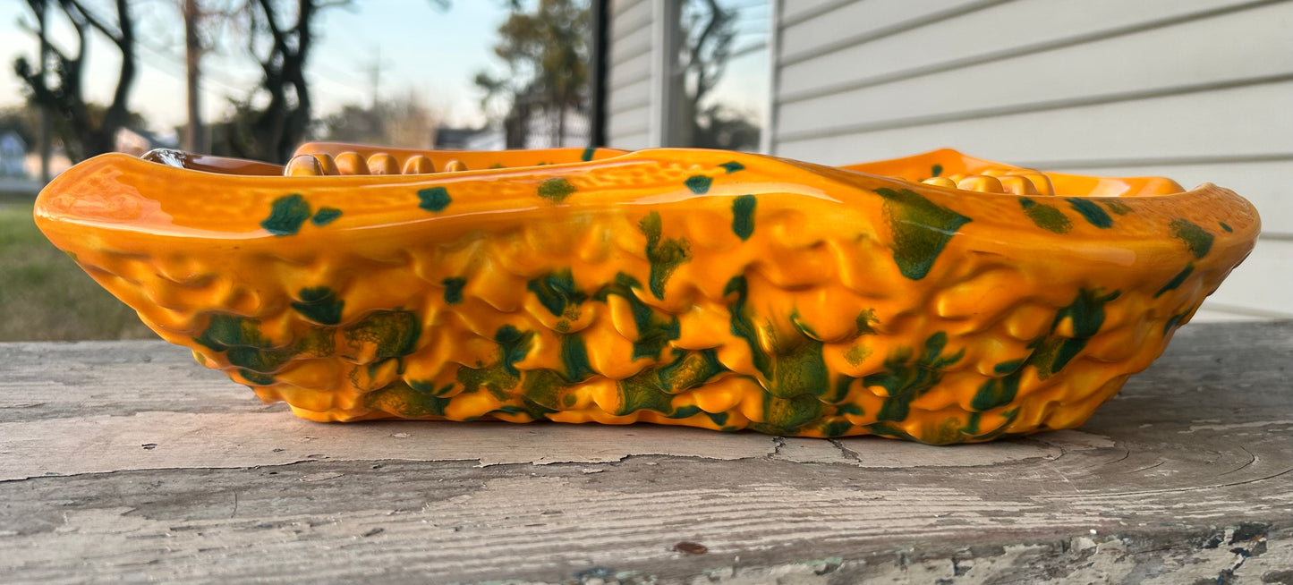 Vintage 1960’s American Mid Century Modern Byron Mold Ceramic Large Orange/Green-Spotted Ashtray