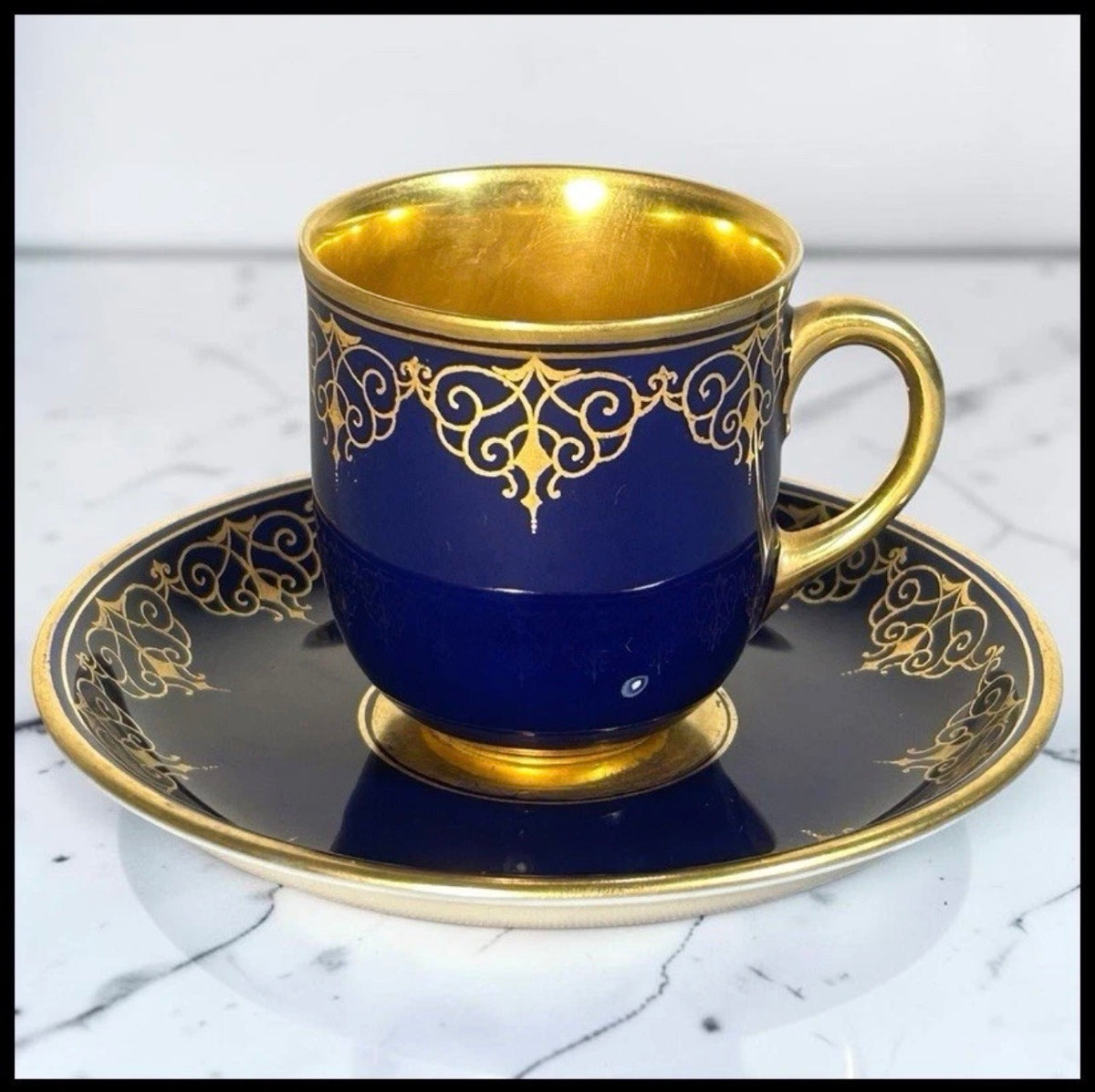 1930’s Austrian Augarten Porcelain Biedermeier Style Gilded Cobalt Blue Scrollwork Motifs Demitasse Cups and Saucer Set