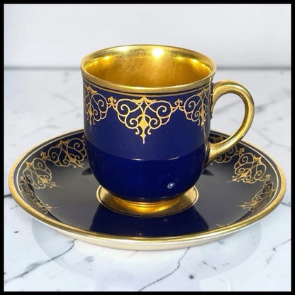 1930’s Austrian Augarten Porcelain Biedermeier Style Gilded Cobalt Blue Scrollwork Motifs Demitasse Cups and Saucer Set