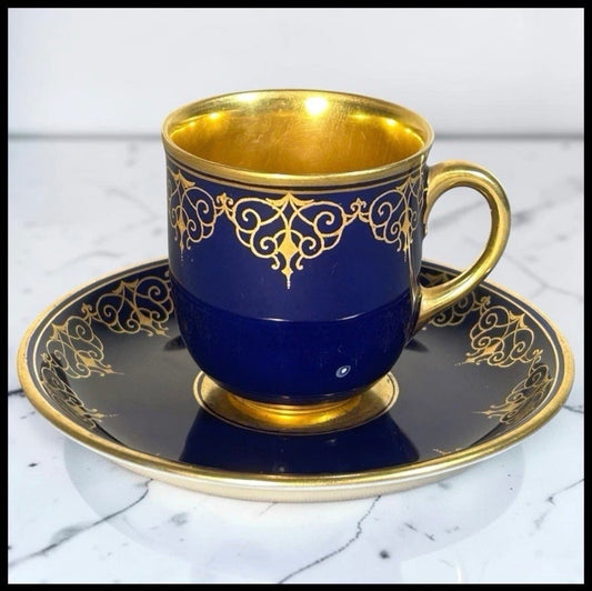 1930’s Austrian Augarten Porcelain Biedermeier Style Gilded Cobalt Blue Scrollwork Motifs Demitasse Cups and Saucer Set