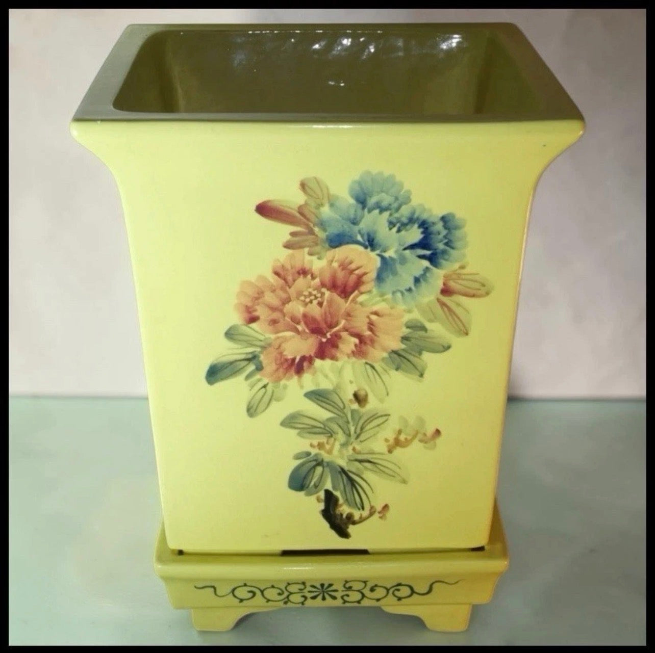 Vintage 1970's Chinese Famille Jaune Style Porcelain Peony Flower Motifs Square Jardiniere on Stand Made in Taiwan R.O.C.