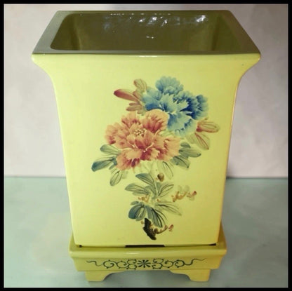 Vintage 1970's Chinese Famille Jaune Style Porcelain Peony Flower Motifs Square Jardiniere on Stand Made in Taiwan R.O.C.