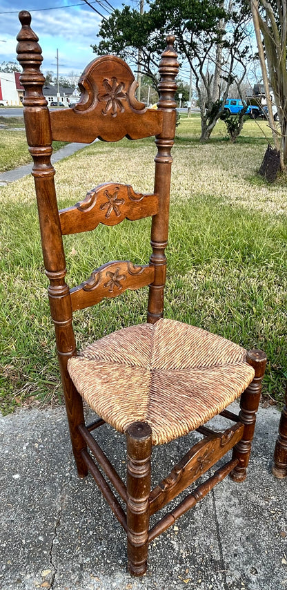Pair of Vintage Mid 20th Century Spanish Country Style Carved Maple Wood/Upholstered Rush Seat High Ladderback Dining Chairs