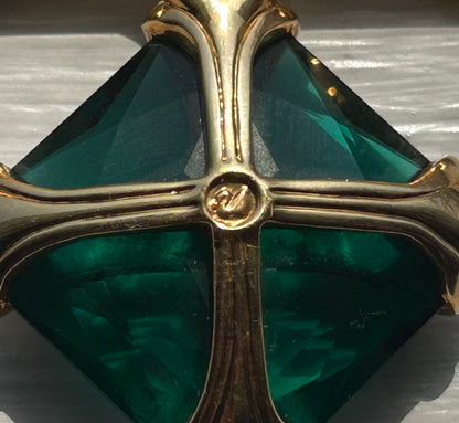 Vintage Circa 1990 Austrian Swarovski Gold-Plated Metal Pavé-Set Ribbon/Dangling Simulated Double-Pyramid Cut Emerald Green Crystal Jewel Brooch