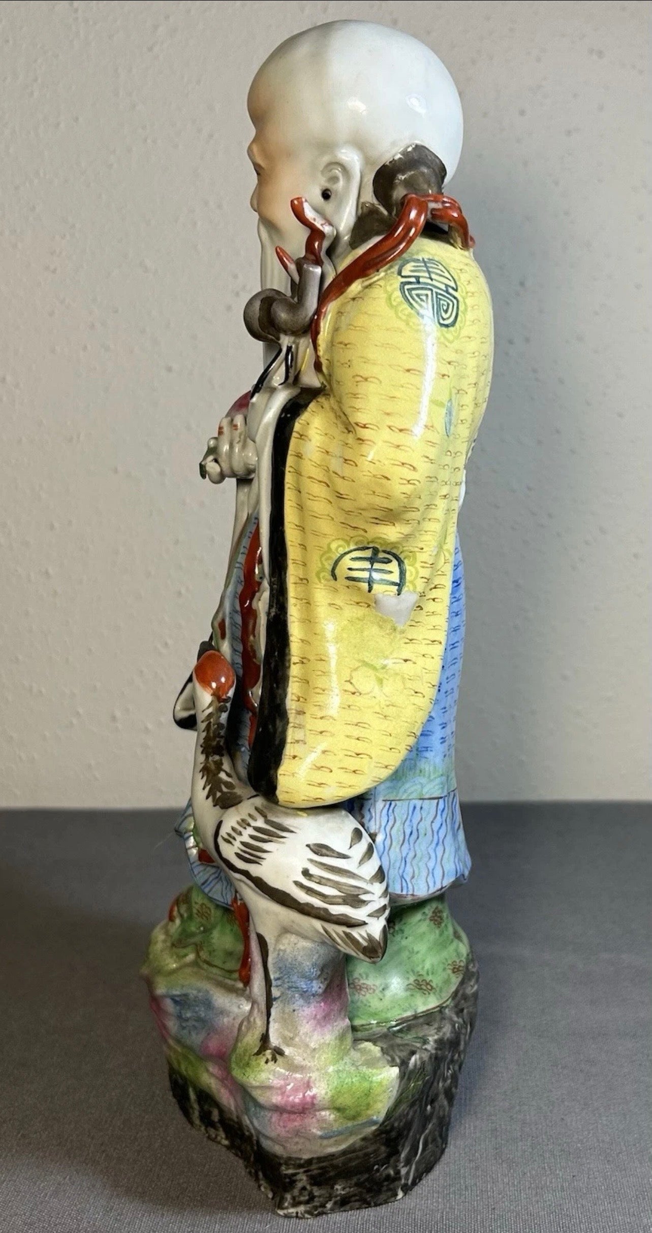1920’s Chinese Famille Rose Porcelain Taoist Shou Lao God of Longevity Hand-Painted Statue (Early Republic Period)