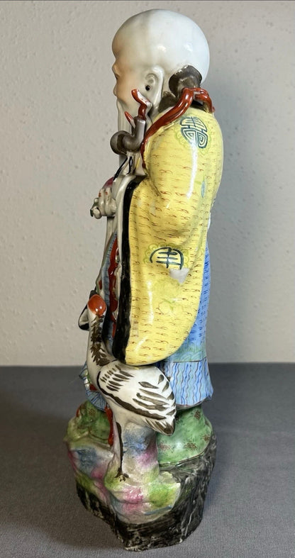 1920’s Chinese Famille Rose Porcelain Taoist Shou Lao God of Longevity Hand-Painted Statue (Early Republic Period)