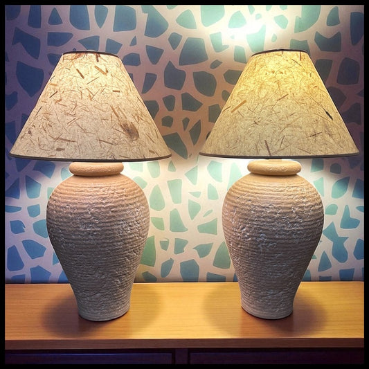 Pair of Vintage 1980’s American Postmodern Pastel Pink Banded Textured Ceramic Base Table Lamps with Thai Banana Paper Shades