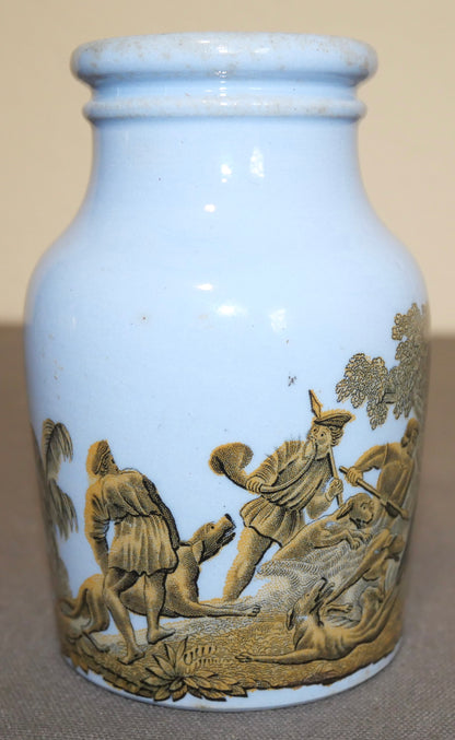 Circa 1880 English Victorian Prattware Pottery Blue Transferware Boar Hunt Scene Motif Mustard Jar