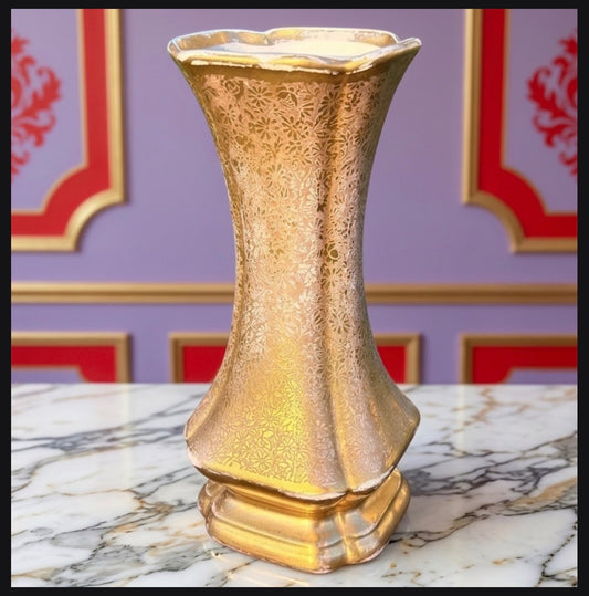 Vintage 1950’s American Hollywood Regency Gilded Ceramic Floral Pattern Footed Hourglass Vase