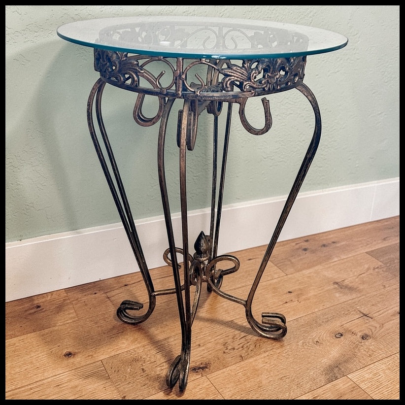 Vintage 1980’s Hollywood Regency Style Collapsible Gilded Wrought Iron Base/Round Glass Top Accent Table