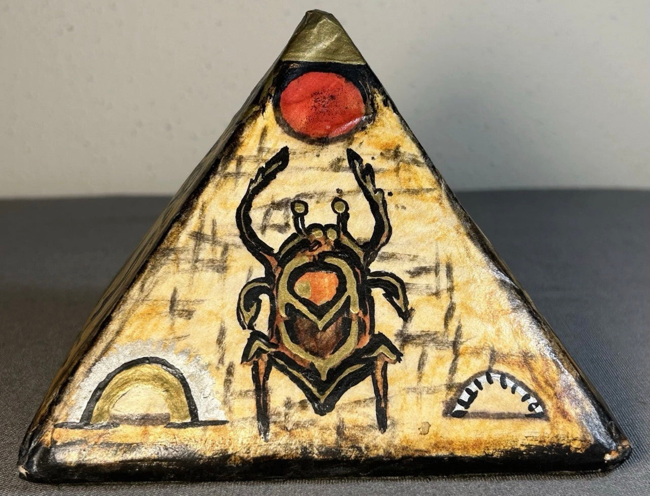 Vintage Egyptian Revival Style Painted Papyrus Pyramid Sculpture Signed A Hamilton Original (20th Century)
