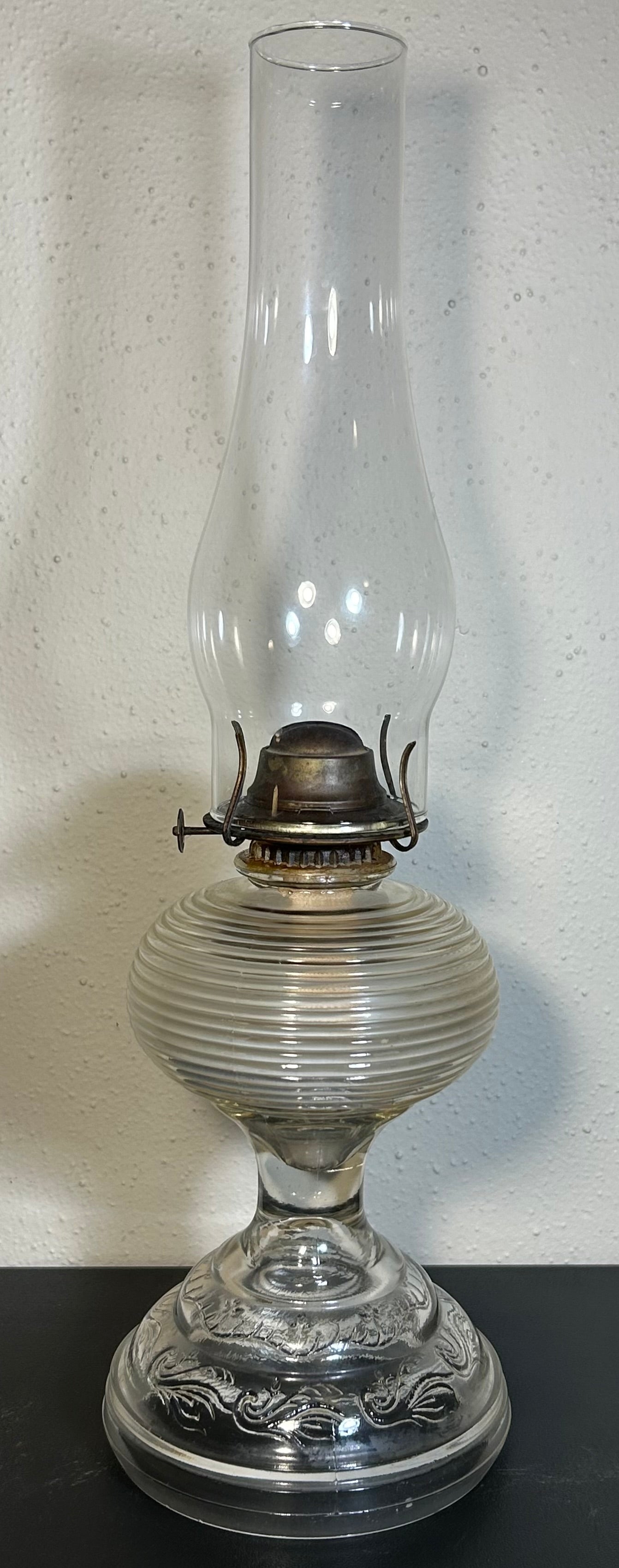 1930’s American Bartlett-Collins Early American Pressed Glass Rib and Plume Beehive Kerosene Oil Lamp with Eagle Burner