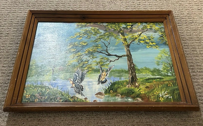 Vintage 1985 Gilbert Green - Untitled Bayou Landscape Framed Acrylic Painting on Wood Panel (Louisiana)