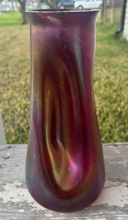 Circa 1900 Bohemian Josef Rindskopf Art Nouveau Iridescent Ruby Red Glass Striated Twist Vase