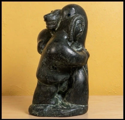Vintage 1970’s Candian The Wolf Sculptures Edmund Wolf Indigenous Hunter Embracing Polar Bear Soapstone Style Resin Composite Sculpture
