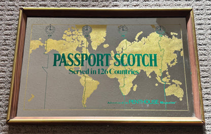 Vintage 1970’s Passport Scotch Served in 126 Countries Framed Bar Mirror