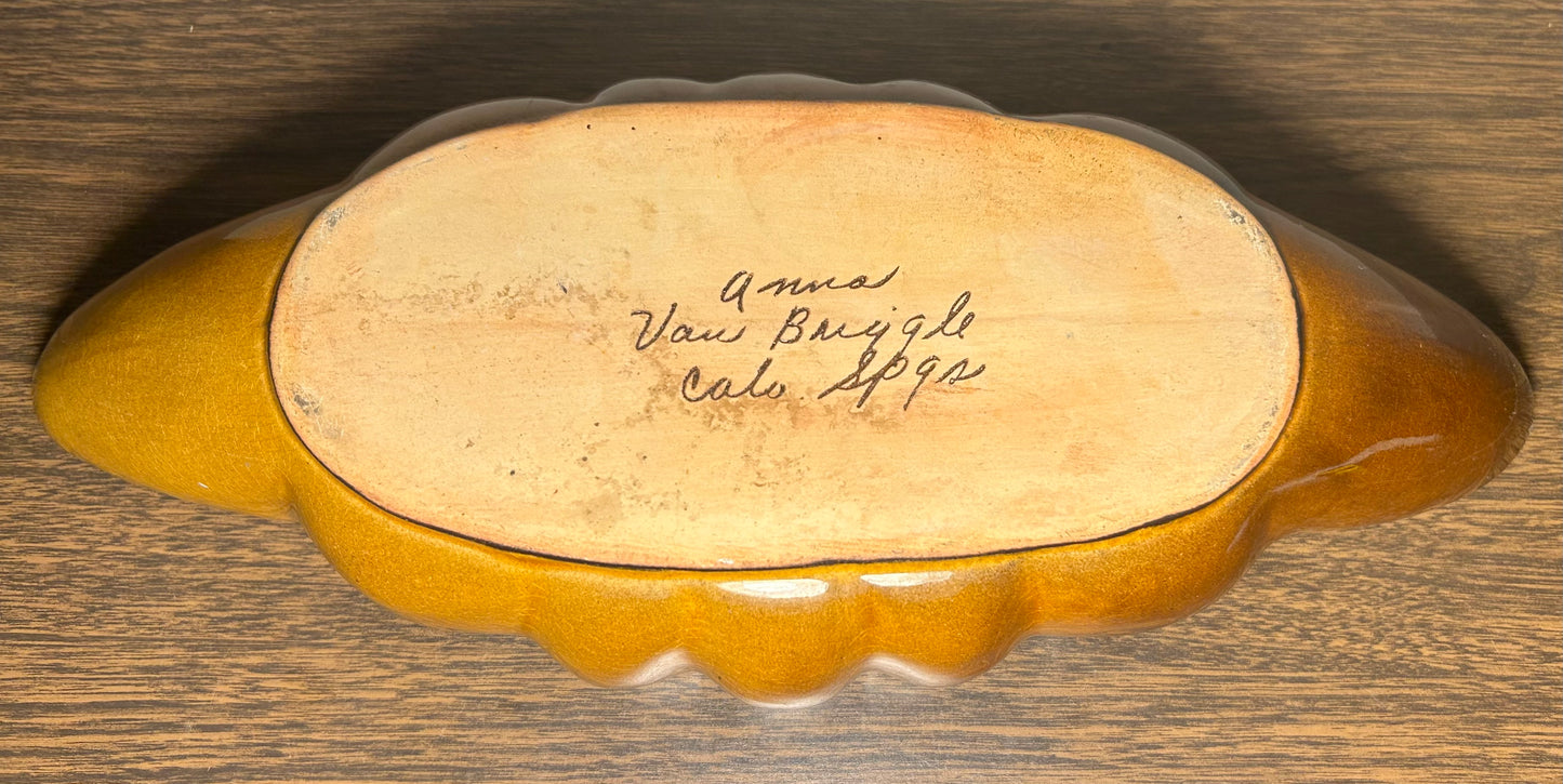 Vintage Circa 1960 American Mid Century Modern Anna Van Briggle Pottery Brown Glazed Console Bowl with Flower Frog